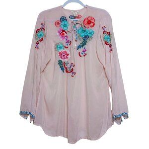 Sundance Floral Embroidered Long Sleeve Top Sheer Pink Boho Size Large